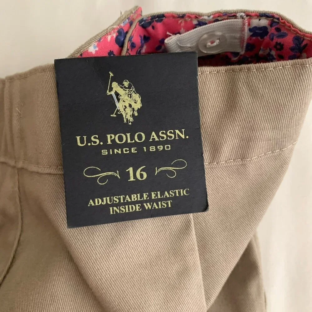 U.S Polo Assn Uniform Shorts Tan Khaki Girls Size 16 Adjustable Waist NWT